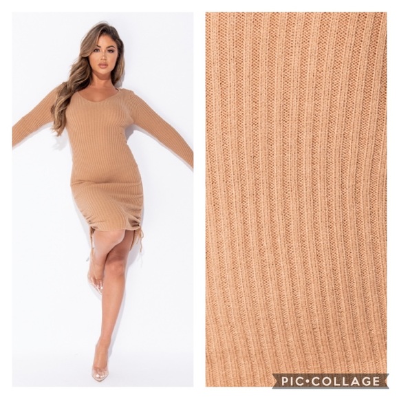 Camel Ruched Side Knitted Dress - Picture 4 of 7
